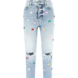 NWOT $1160 38 4 DSQUARED2 Boston Straight Leg Distressed Bow Detail Blue Jeans